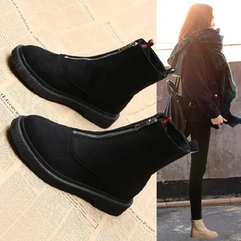 

Korean version of the 2019 autumn and winter new plus velvet flat rubber bottom women's boots front zipper short tube female Mar