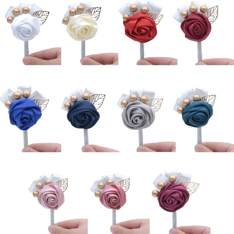 

1Pc Women Men Wedding Artificial Rose Flower Brooch Bouquet Corsage Inmitaion Pearl Ribbon Lace Classic Prom Boutonniere Pin