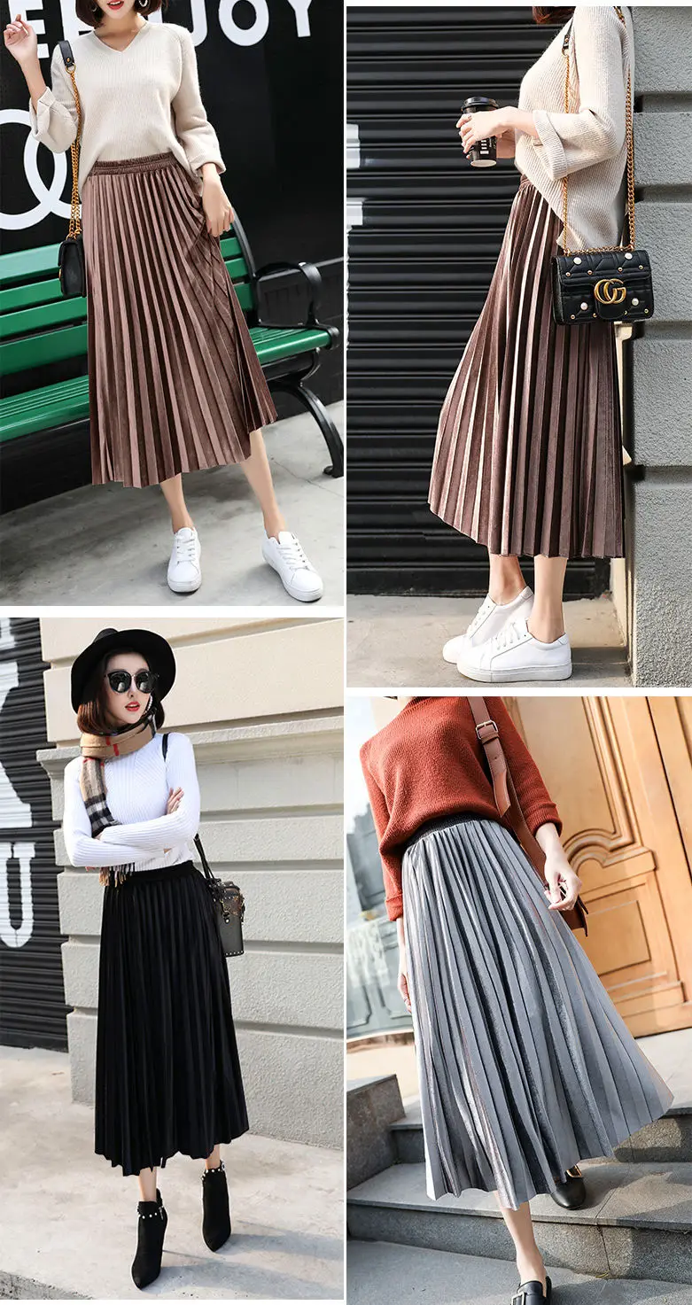 white tennis skirt 2021 Gold Velvet Pleated Skirt Women's Skirts Spring and Autumn New Korean A-line Skirt High Waist Mid-length Umbrella Skirt purple skirt