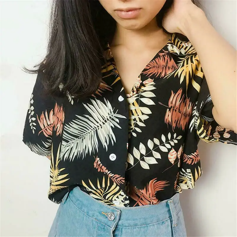 Blusas informales de gasa para mujer, Top Hawaiano Floral de manga corta, Tops holgados de verano, novedad, gran oferta|Blusas y - AliExpress