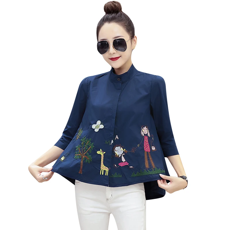 Ladies top Korean spring chiffon shirt wild stand collar seven-point sleeve embroidered A-line doll shirt top