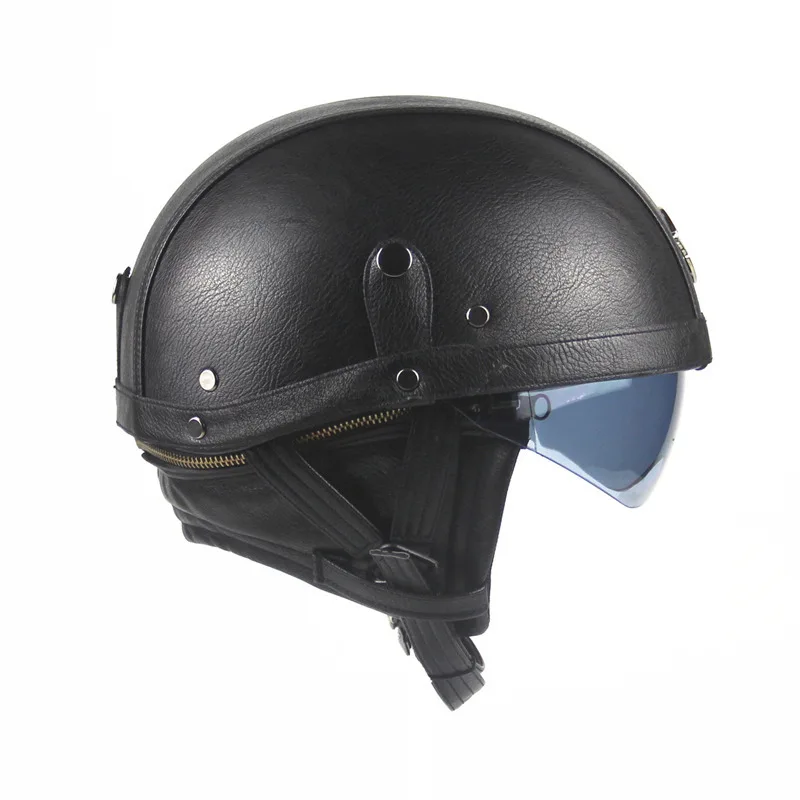 Мотоциклетный шлем мотоциклиста наполовину ПУ kask casco кожа ретро-шлемы козырек с воротником открытым лицом Половина двигателя с двойным объективом