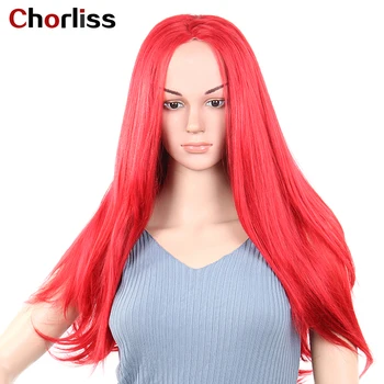 

Red Straight Synthetic Hair Lace Front Wigs Long Fashion Cosplay Heat Resistant Fiber Hair Middle Part For Women Wigs 28 Inches