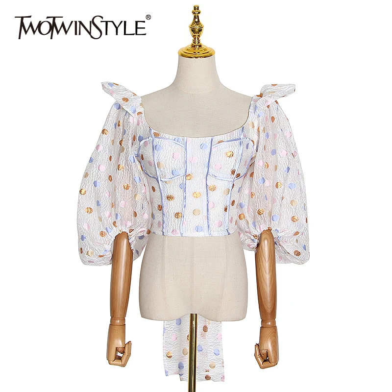 TWOTWINSTYLE Elegant Patchwork Sequins Women Shirts Slash Neck Lantern Three Quarter Sleeve Short Tunic Slim Bow Blouses Female | Женская