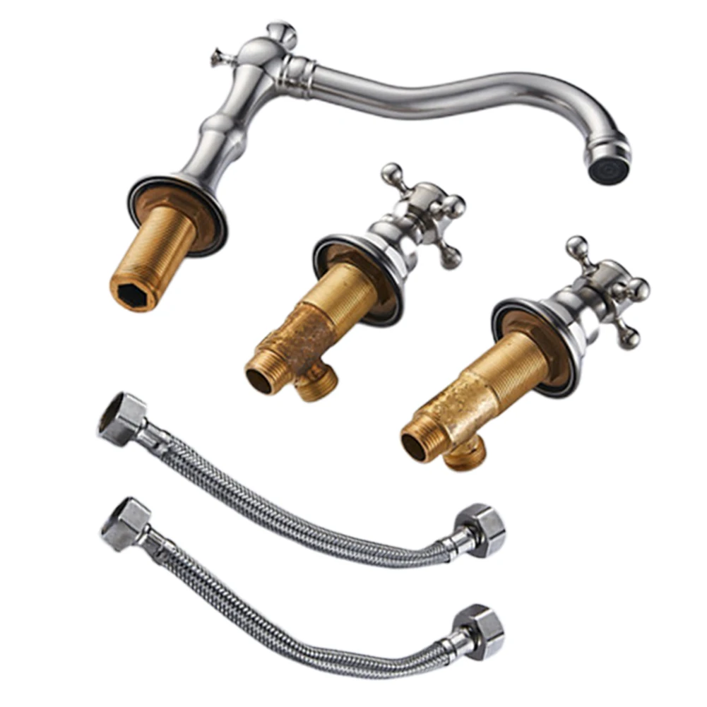 

Copper Basin Sink Brushed Bathroom Decorative 2 Handles Mixer Tap Kitchen Faucet Set Deck Mounted Waterfall Widespread Modern