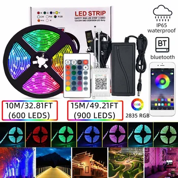 

LED Strip Light bluetooth RGB 2835 SMD IP65 Waterproof Flexible Ribbon led light strip 10M 15M DC 12V+Remote Control+Adapter Set