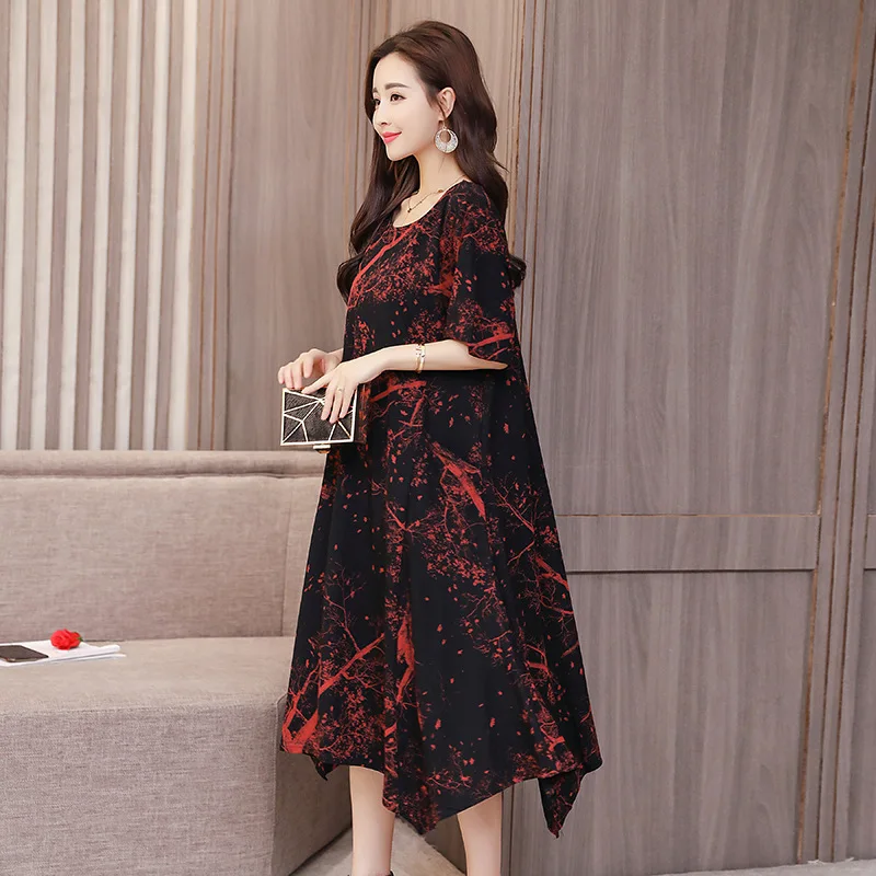 

2019 Summer New Style Fat Mm Comfortable Large Size Dress Loose-Fit Mid-length Short Sleeve Cotton Linen Floral Printed Dress Wo
