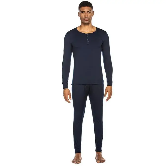 Ekouaer Men Nightwear Pajamas O-Neck Long Sleeve Solid Pullover Button Tops Full Length Pants Pajama Set Autumn Winter Sleepwear