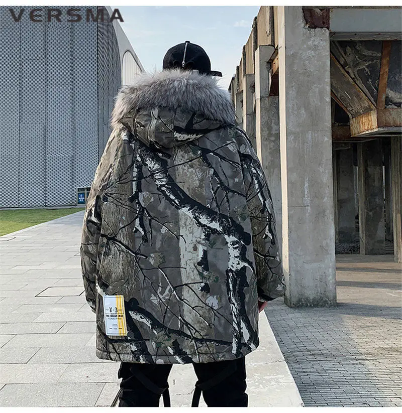 VERSMA корейский Харадзюку Ретро принт "Кленовый лист" меховой воротник Мужская куртка пальто парка зима хип хоп негабаритных толстые теплые мужские парки
