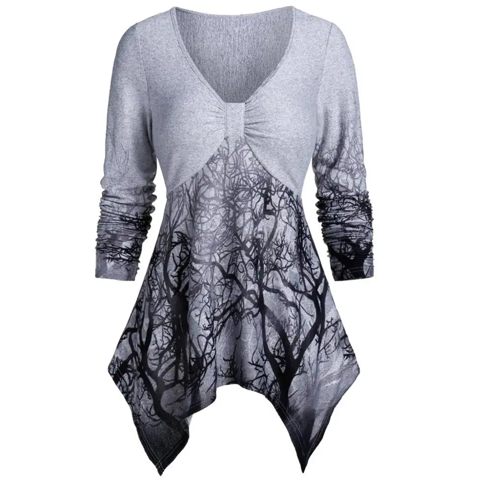 

Modis Women Plus Size Tops Casual Shirt Marled Tree Print Asymmetrical Long Sleeve Shirts Spring Autumn V-Neck Top Streetwear
