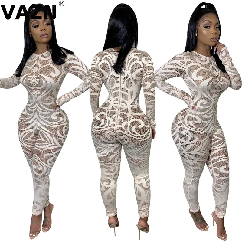 VAZN New arrival spring sexy lady white skinny jumpsuit full sleeve zipper fly print jumpsuit lady high street new jumpsuit