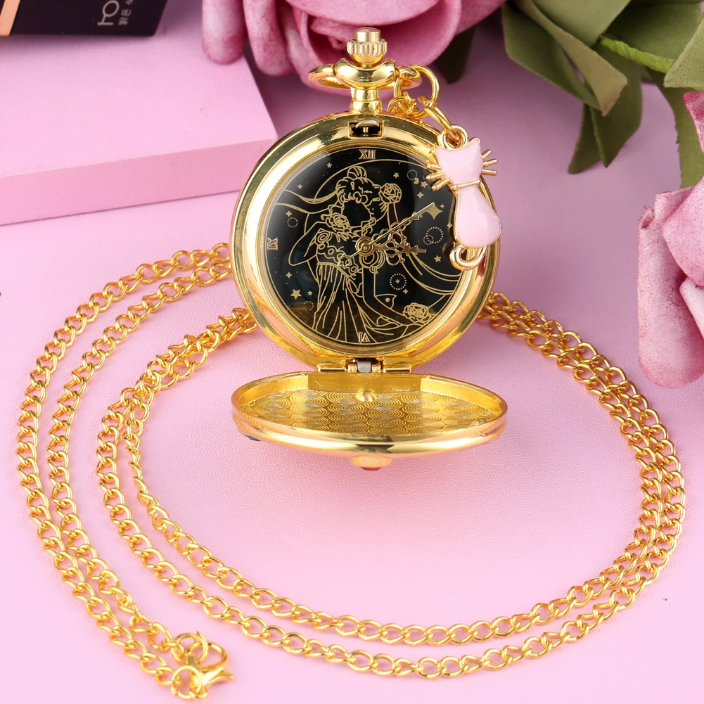 Exquisite Color Diamond Case Cover Pocket Watch Girls Sailor Moon Necklace Clock Female Pink Cat Accessoy 2