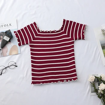 

HELIAR 2020 Summer Women T-Shirts Square NeckStripes Tees Short Sleeve Ruffles Hem T-shirts Women Cotton Tees