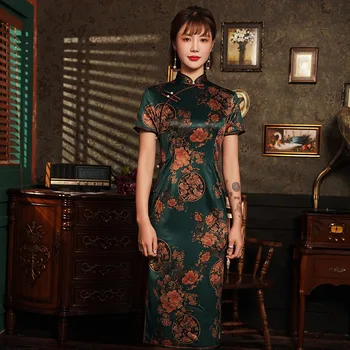 

Print Vintage Cheongsam LADY Green Short Mandarin Collar Sexy Chinese Dress Sexy Rayon Big Size Vestidso Slim High Split Qipao