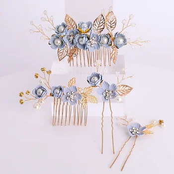 

4pcs Retro Headwear Metal Leaf Pearl Inlaid Cloth Flower Rhinestone Beads Hair Stick Updo Hair Chopsticks Insert Comb for Girls