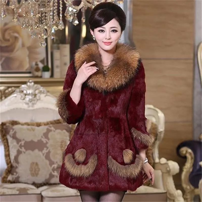 wine red Женская зимняя Роскошная Шуба из натурального меха енота, женская тонкая верхняя одежда из натурального меха Abrigos Mujer Invierno K371 - Цвет: wine red