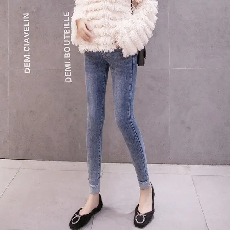 Pregnant women's jeans thickened stretch high-waist pencil pants casual plus velvet