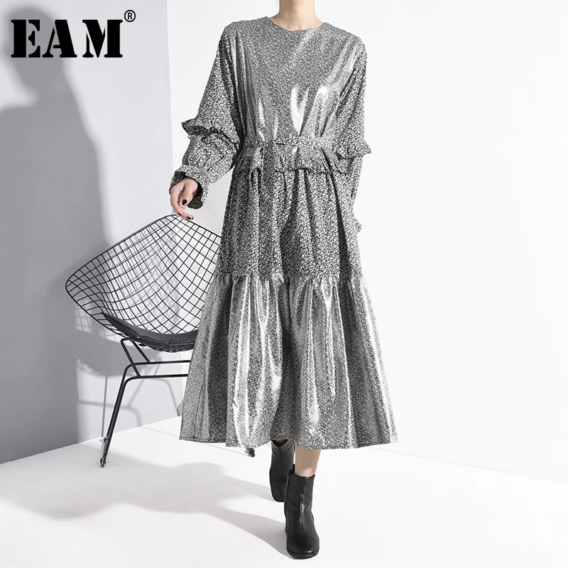 

[EAM] Women Pattern Ruffles Split Temperament Dress New Round Neck Long Sleeve Loose Fit Fashion Tide Spring Autumn 2020 1N24709