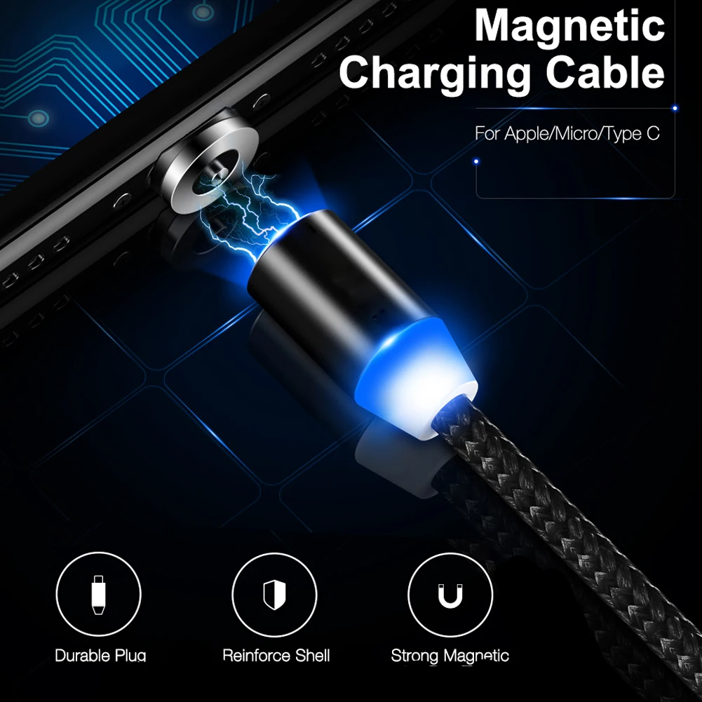 Для Android iPhone huawei 360 ° вращающийся круглый Прочный Магнитный светодиодный кабель Micro USB type C для быстрой зарядки нейлоновый плетеный провод для зарядки
