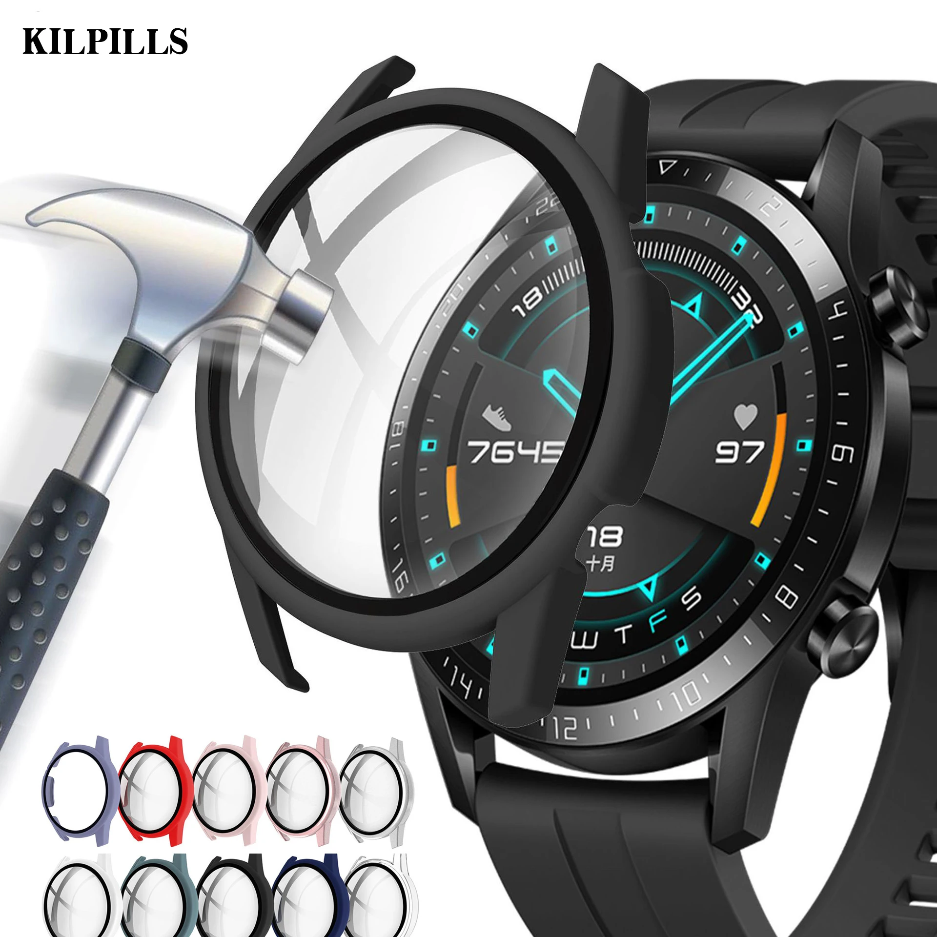 Cristal + funda para Huawei watch gt 2/2e, 46mm, 42mm, accesorios de correa, cubierta templada de parachoques de pantalla de cobertura completa, protector gt2 gt2e