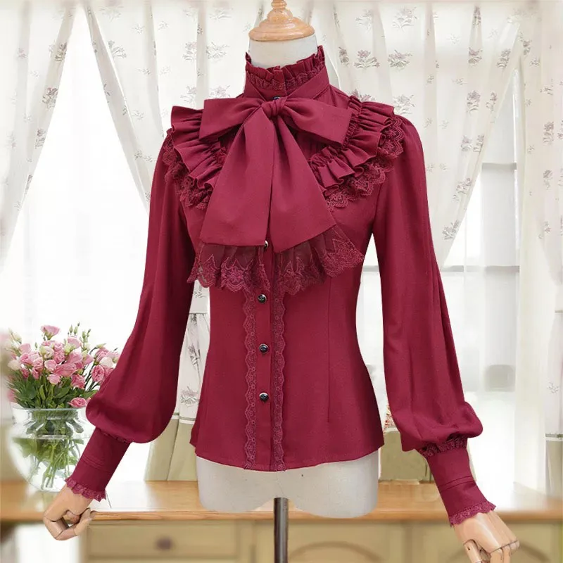 Women High Collar Neck Bow Lace Blouse 