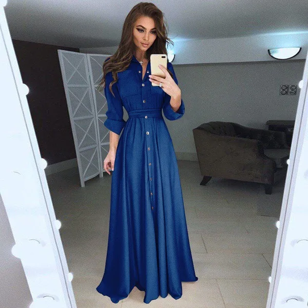 ZOGAA Summer Women Fashion Dress Elegante A-line Long Sleeve Long Dress Female Sexy Solid Slim Fit Buttoned Maxi Dress HOT - Цвет: Синий