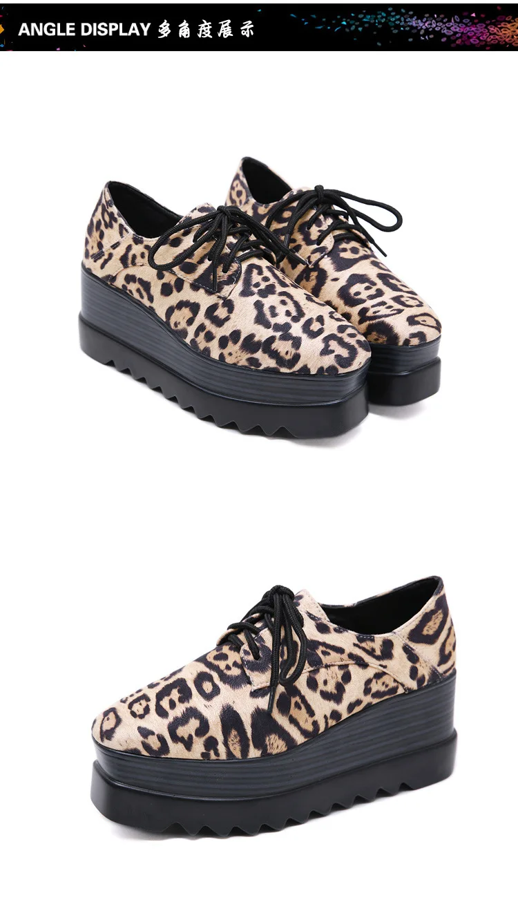 Square Toe leopard female single shoes woman wedges platform brogues creepers japanned leather lace up height increasing flats