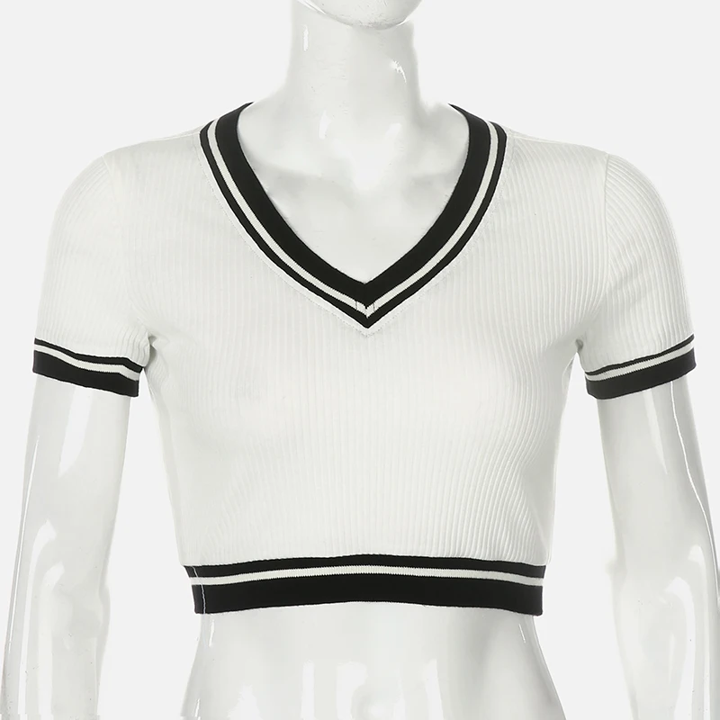 Iamhotty Patchwork Solid Harajuku Croped Top Women Short Sleeve Vintage Casual Outfits Streetwear Tshirt Femme Preppy Cute Tees