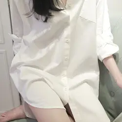 Женская элегантная блузка классический BF стиль сексуальная свободная рубашка с длинным рукавом v-образным вырезом на пуговицах однотонная
