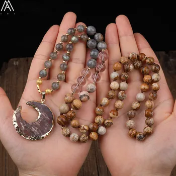 

Natural India Agates Moon-Shape Pendant 8mm Labradorite Picture Stone Round 108 Prayer Beads Knot Handmade Necklace N0543AMCF