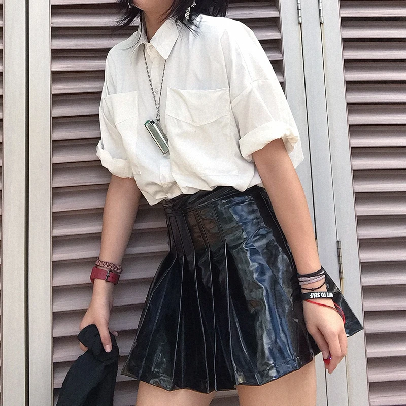 New Summer Skirts Women Harajuku Skirt Vintage Pu Skirts Loose High Waist Skirts Fashion Leather Skirts Casual Zip Skirts Female