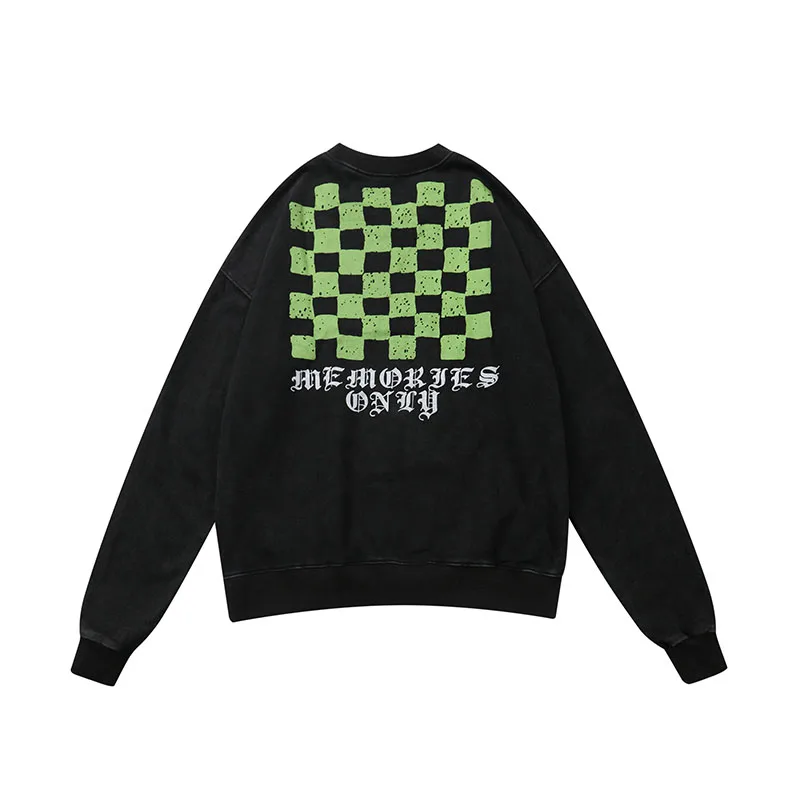 

Askyurself Washed Old Vintage Sweatshirts Men Women Checkerboard Lattice Printing Pullover Askyurself High Quality Hoodie