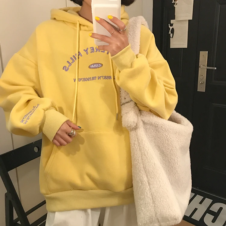 Осенняя негабаритная Толстовка, зимняя Корейская женская одежда harajuku, модная Ретро Толстовка с буквенно-цифровым карманом и вышивкой для женщин