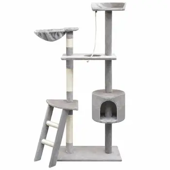 

Cat Tree with Sisal Scratching Posts 150 cm Grey With Ladder House Hammock Feature-packed Cats' Play Center Multi-storey