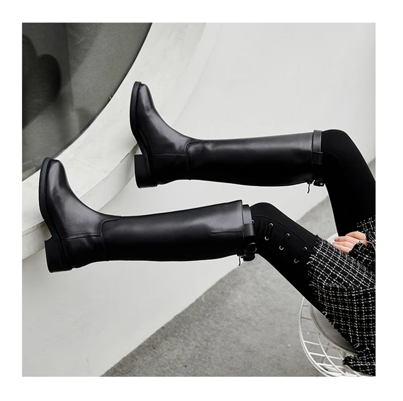 long riding high heel quality black block shoes knee brand women winter boots genuine leather equestrian tall chinese chunky