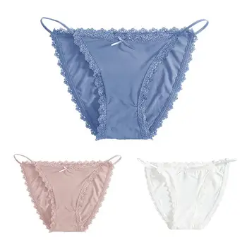 

Hot Sale Summer Women Sexy Briefs Solid Color Ice Silk Lace Trim Strap Breathable Thin Panty Briefs Ladies Lingerie