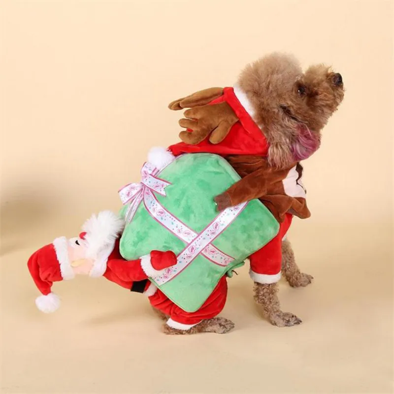Забавная Рождественская одежда для домашних собак, Подарочная коробка с изображением Санта-Клауса, осенне-зимняя плотная одежда