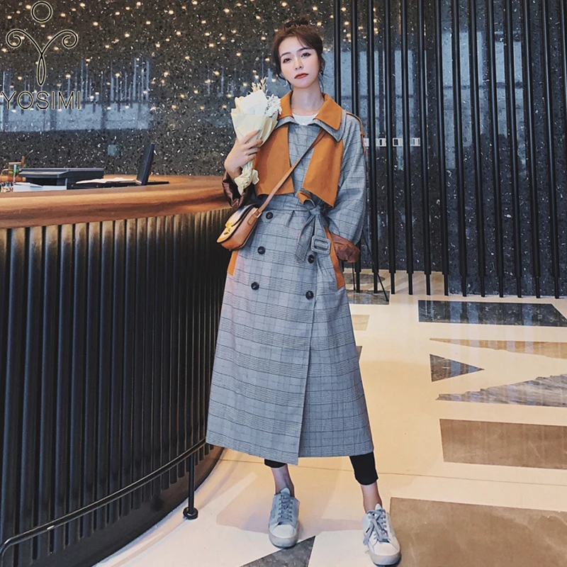 

YOSIMI Gray Plaid Windbreaker 2020 Autumn Winter Turn-down Collar Bat Sleeved Wide-waisted Full Sleeve Long Women Trench Coats