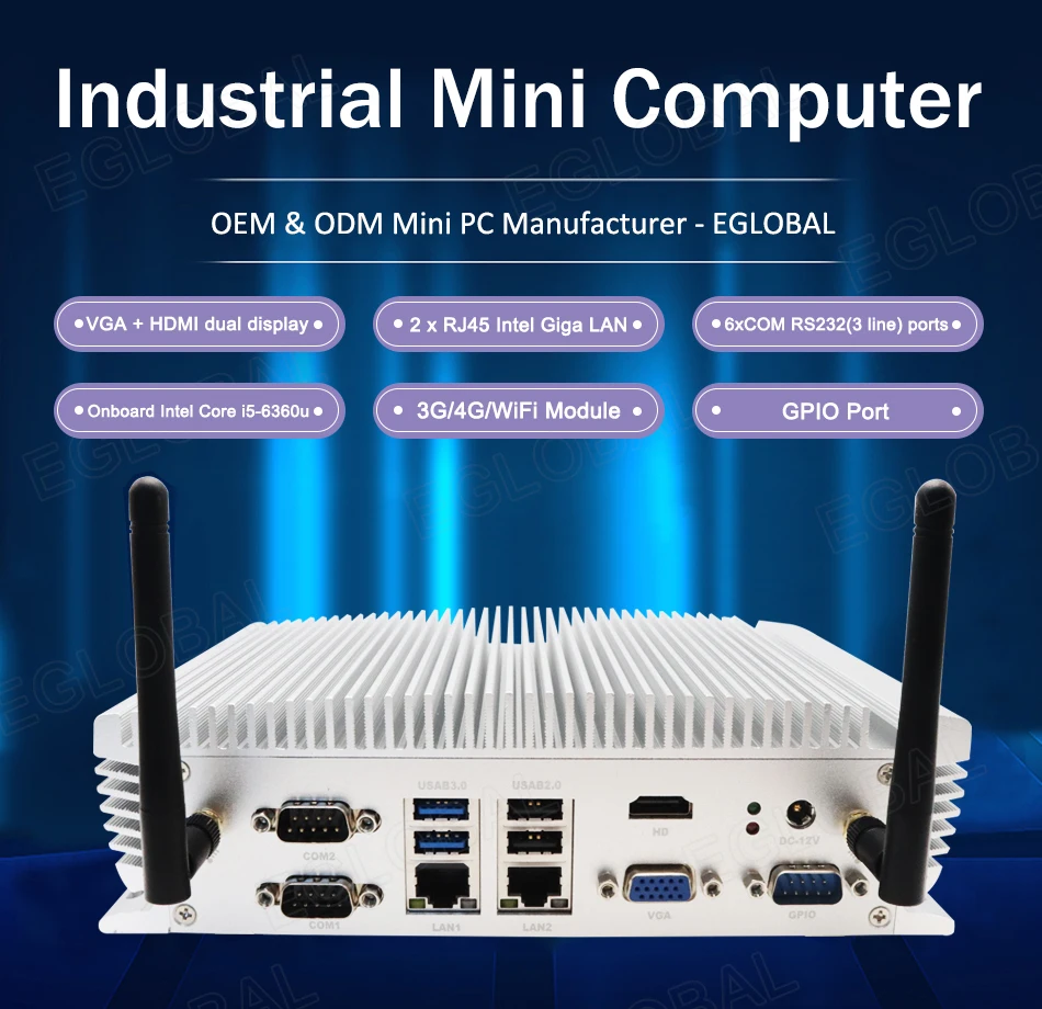 Eglobal Industrial Fanless Mini PC with Intel I5-6360u, I7 10510U, 2 LANs, 2 COM, 24/7 Working, Micro Computer, Linux, 4G SIM, WIFI, VGA, HDMI Description Image.This Product Can Be Found With The Tag Names Cheap Mini PC, Computer Office, High Quality Computer Office, Mini pc