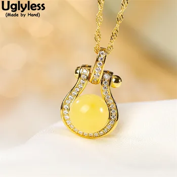 

Uglyless Elegant Women Amber Necklaces Natural Chicken Fat Beeswax Pendants + Chain Shinning Crystals Fashion Jewelry 925 Silver