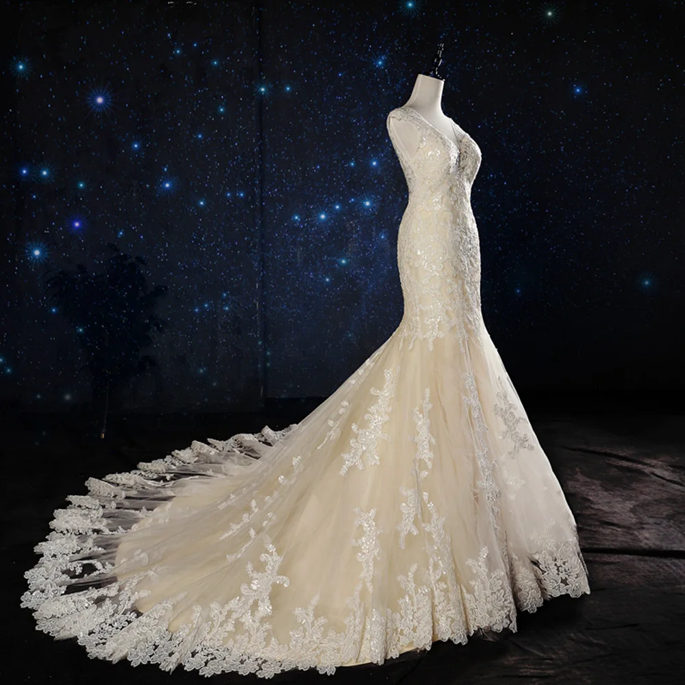 Выполненное на заказ свадебное платье "Русалка" Элегантное Vestido De Noiva Sereia с v-образным вырезом на молнии бисером блестками кружевное Тюлевое платье в виде раструба