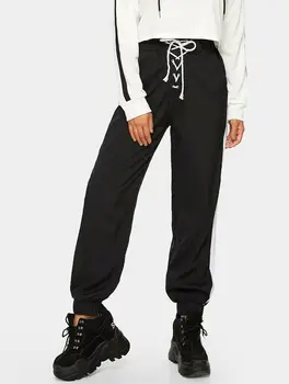 

Trendy Women Pants High Waist Loose Back Elastic Waist Jogger Pants Drawstring Fitness Lady Trousers