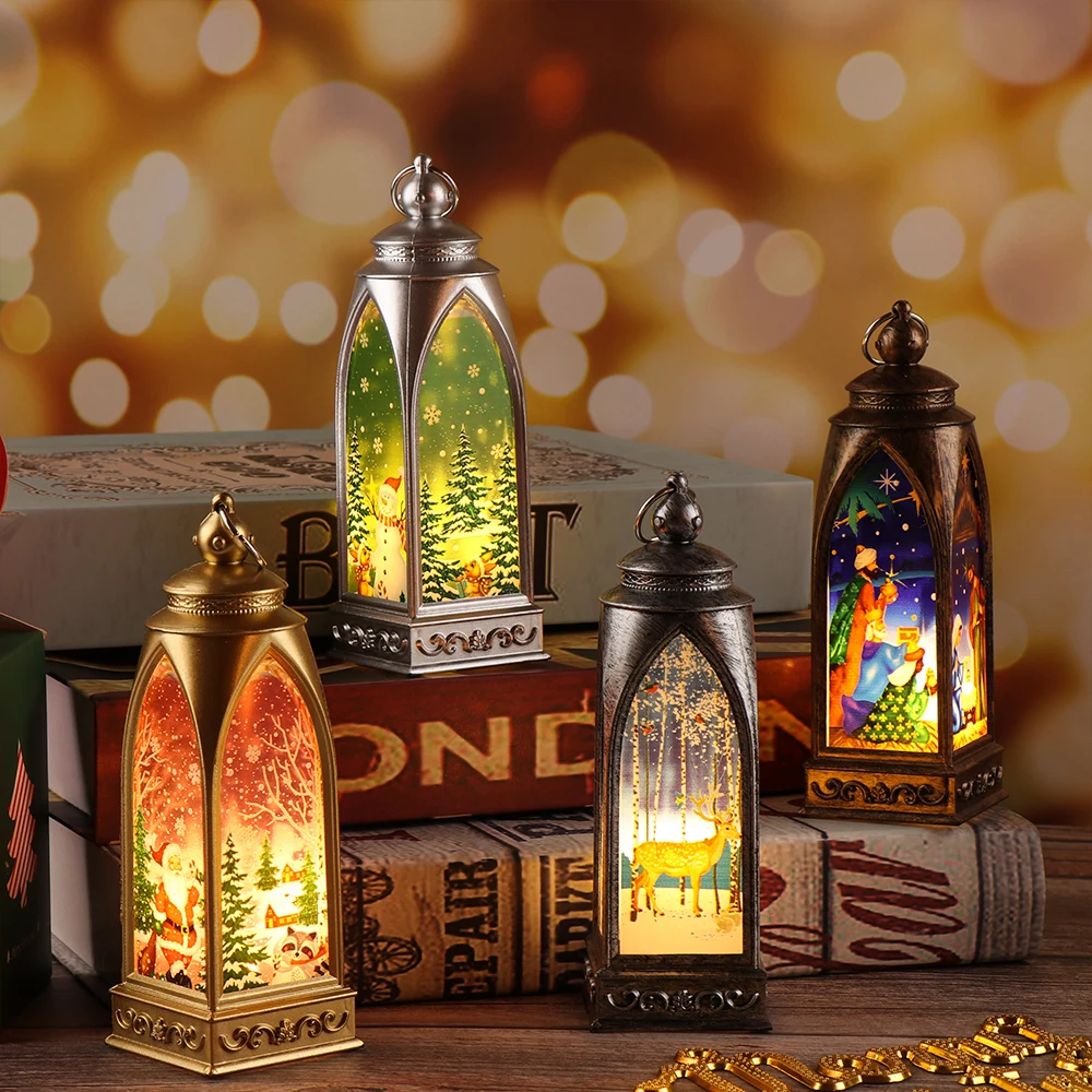 1PC Multicolor Plastic Wire Hanging Lantern Decoration LED Candlestick Light Lamp Ornamernt Santa Claus Home Decor DIY Crafts