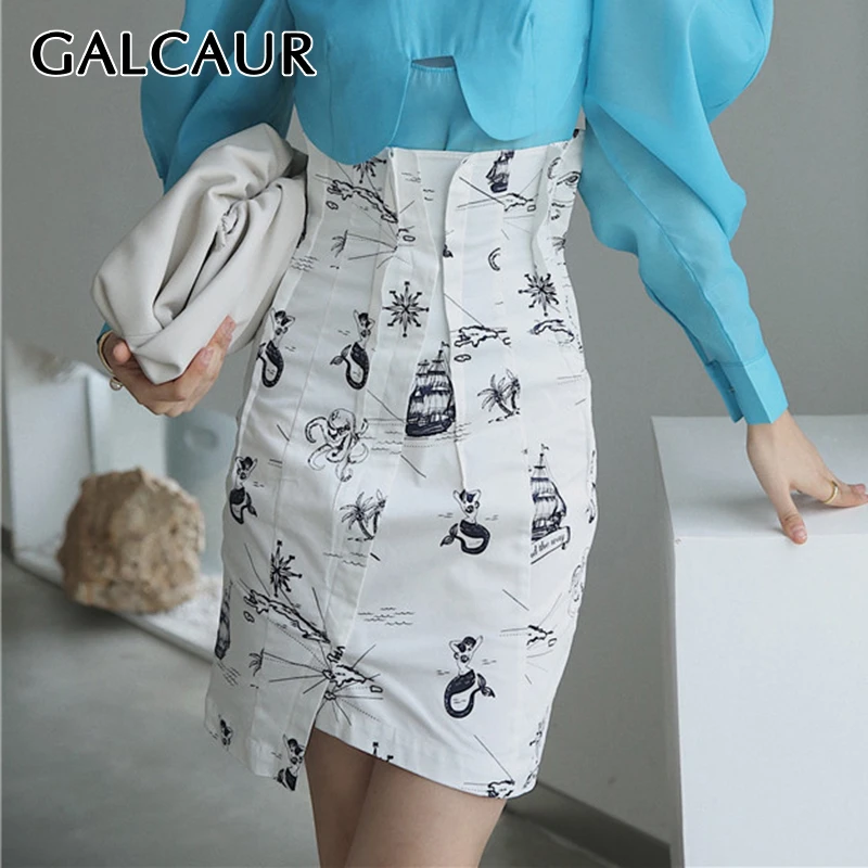 

GALCAUR Asymmetrical Print White Women's Skirts High Waist A-line Mini Korean Skirt Female Autumn Large Size Fashion New 2019