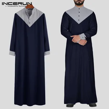 

INCERUN Muslim kaftan Men Long Sleeve Patchwork Tops Fashion Casual Retro Trend Joker Mens Robe Gown Abaya Jubba Thobe Plus Size