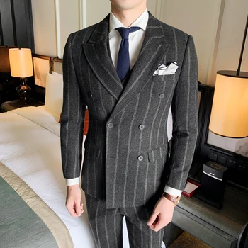 

Double Breasted Suits Mens British Wool Padded Suits Mens Retro Striped Suits Vintage Vestidos Hombre Para Matrimonio Grey Dress