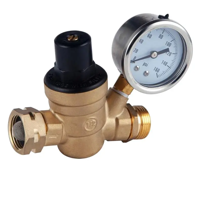 Brass Water Pressure Regulator 3/4 Lead-Free with Gauge Adjustable Water Pressure Regulator,Build-in Oil(NH Threads