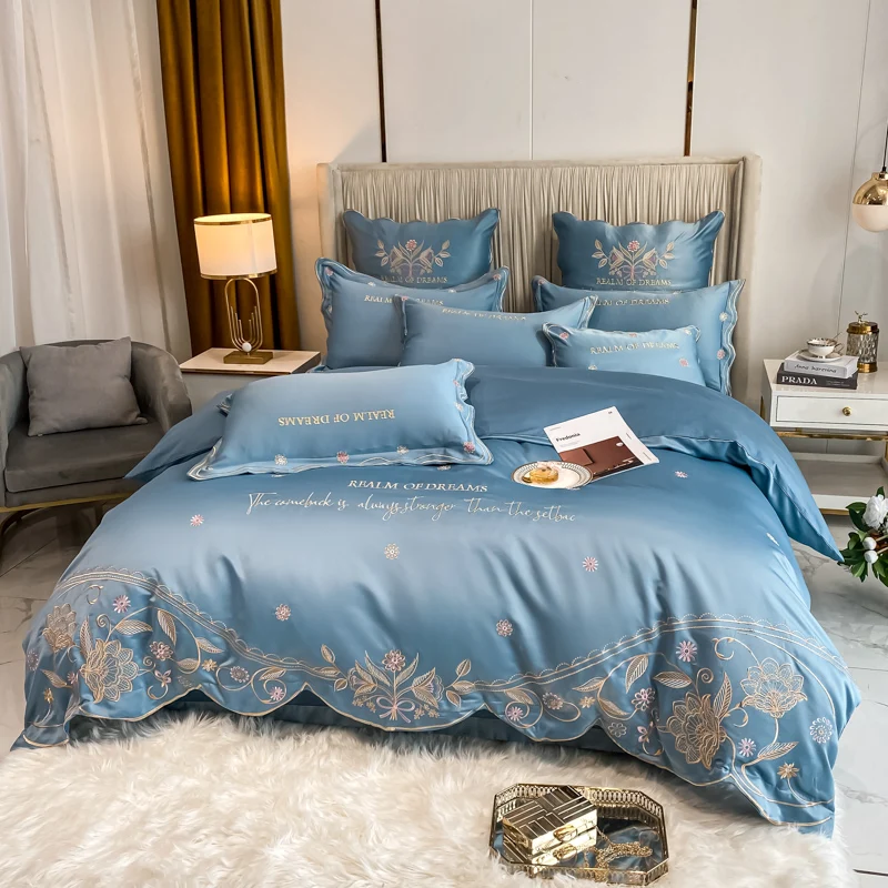 Blue Grey Embroidered Luxury Bedding Set