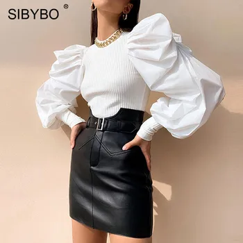 

SIBYBO Winter Spliced Ribbed Slim Casual Women Tops Fashion Long Sleeve Elegant Women T-shirt Vintage Autumn T shirt Top Ladies
