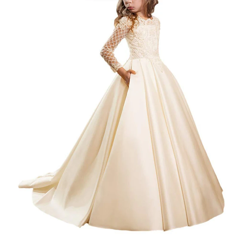 Платье с цветочным рисунком из атласа с длинным рукавом, элегантные нарядные платья для девочек, детское бальное платье с пуговицами, юбка с аппликацией, daminhas de honra casamento - Цвет: Шампанское